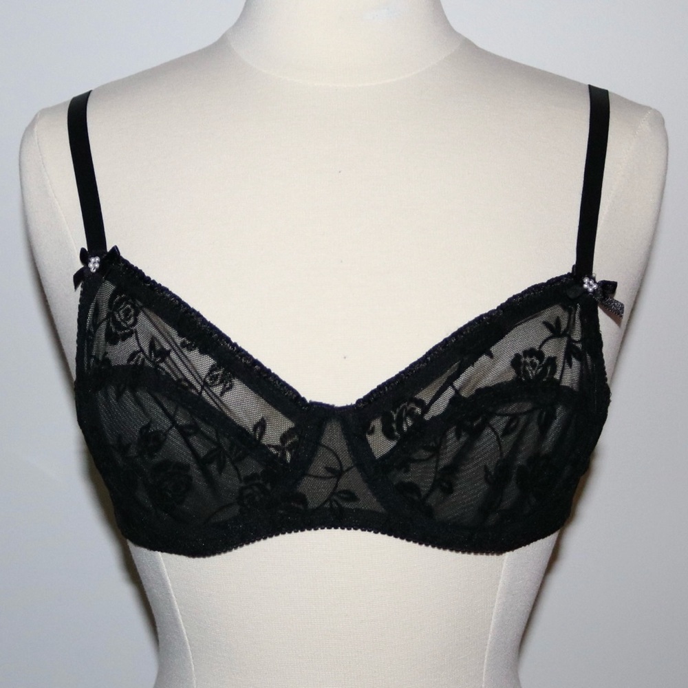 Vintage black lace bra with rose design and pearl bows